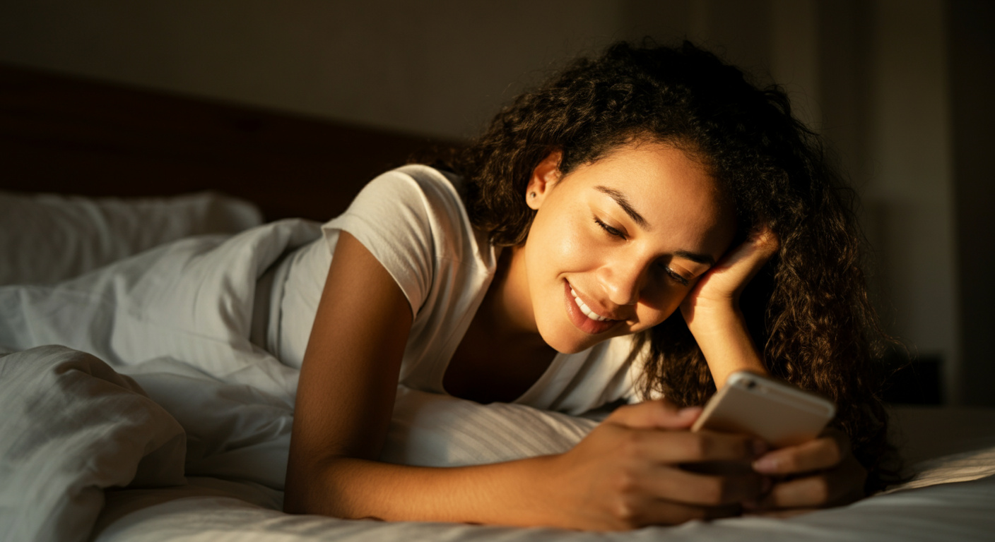 woman smiling at her phone