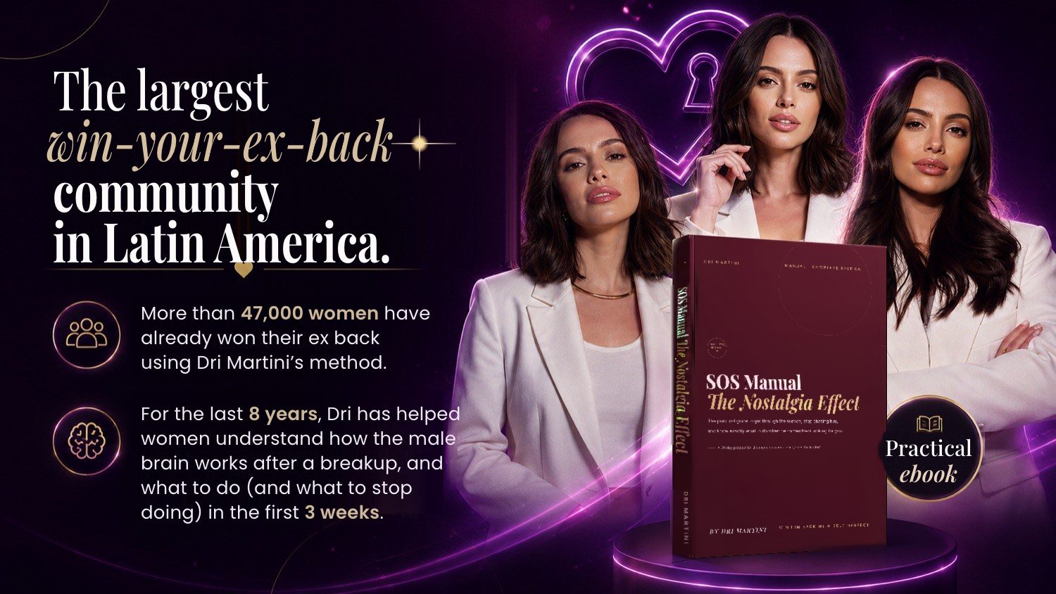 The largest win-your-ex-back community in Latin America. More than 47,000 women have already won their ex back using Dri Martini's method.